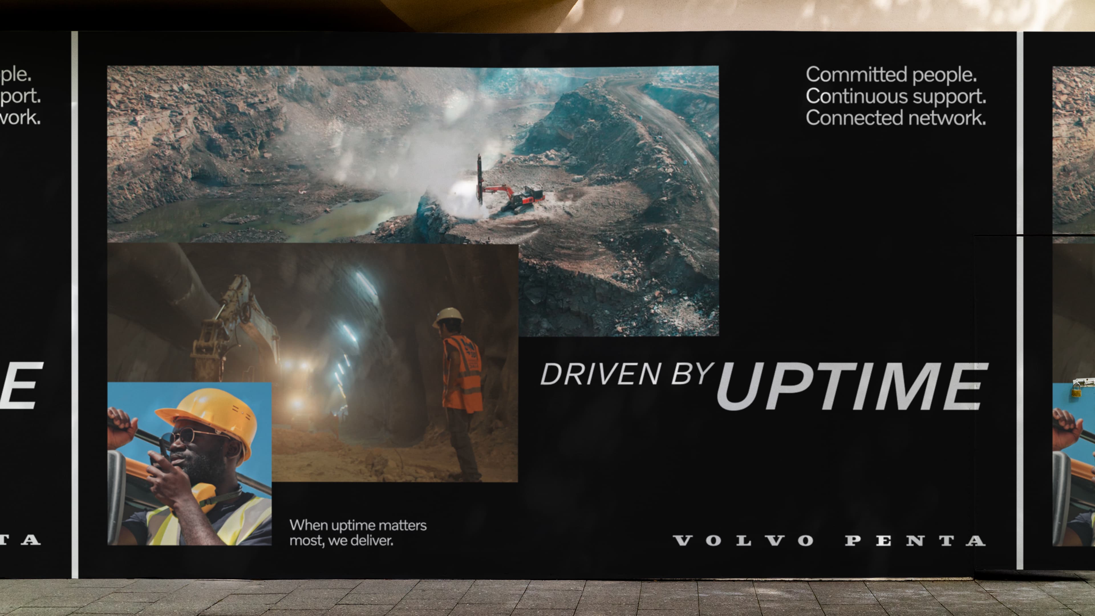 A close up of a Volvo Penta billboard ad with the text Driven by Uptime and imagery with a black background.