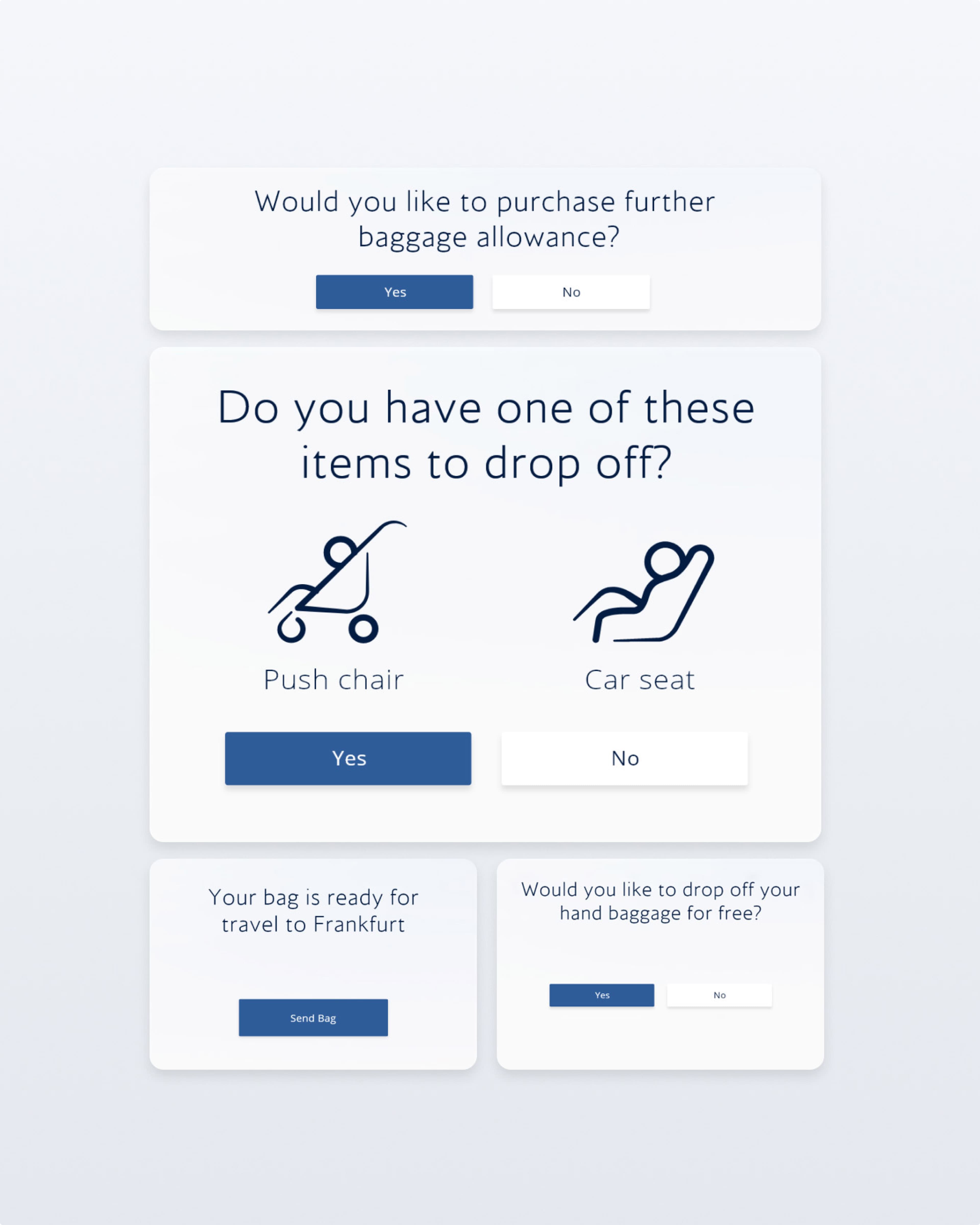"Self-service check-in screens showing options to purchase additional baggage allowance, drop off a pushchair or car seat, send a bag to Frankfurt, or drop off hand baggage for free."
