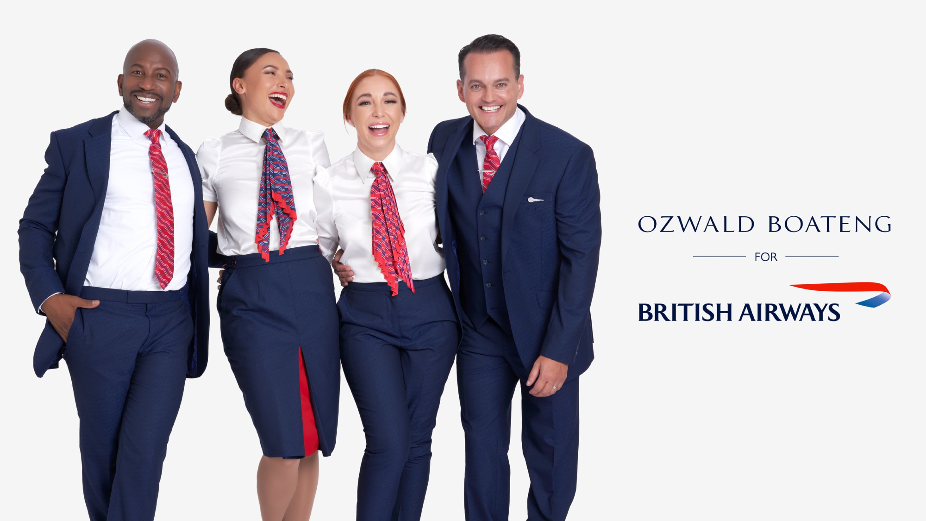 Four individuals in blue uniforms with red ties and scarves, smiling, next to Ozwald Boateng for British Airways branding.