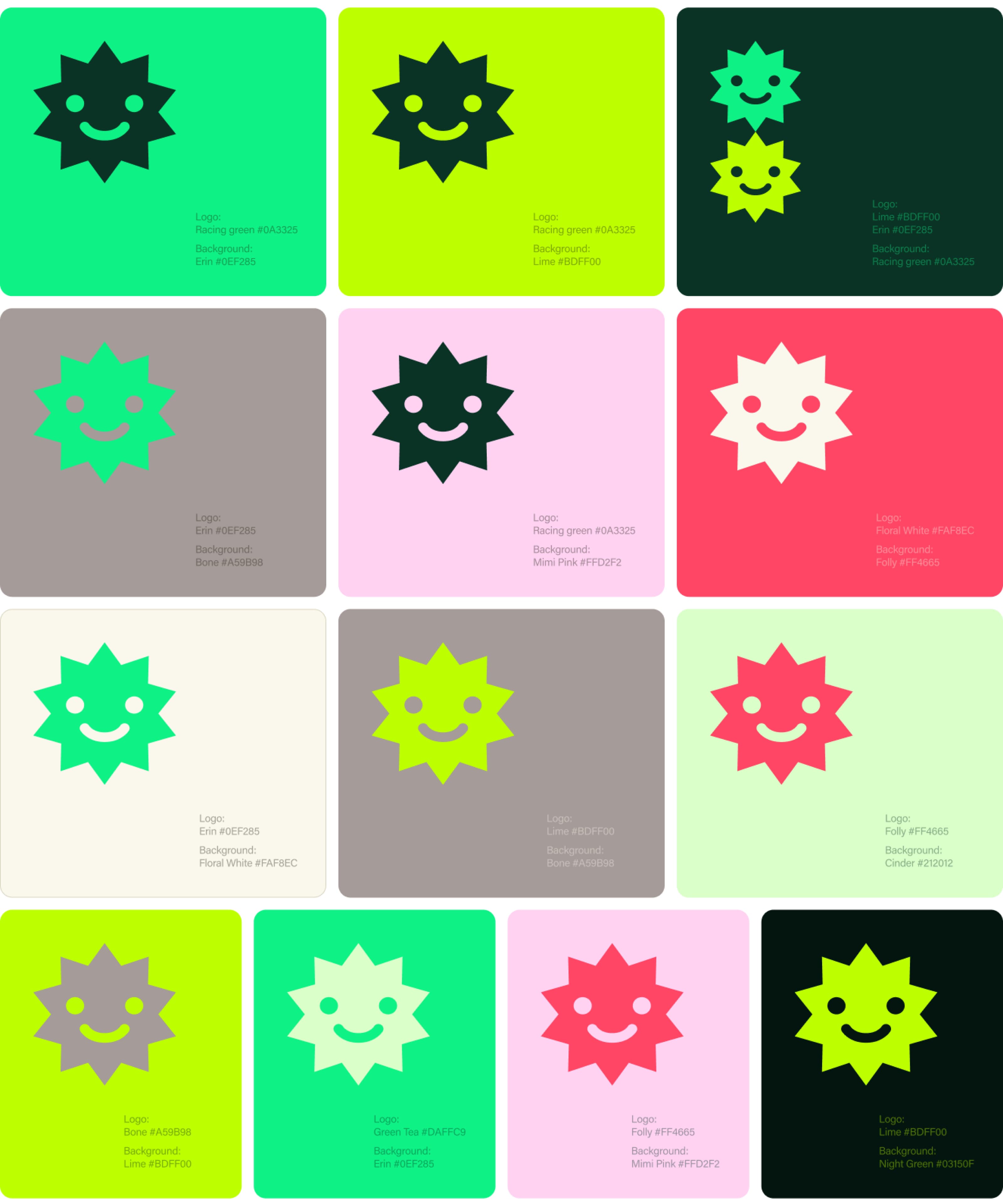Grid of twelve color combination swatches featuring a sun-shaped mascot logo, each card showing a different pairing of logo and background colors with hex codes labeled.