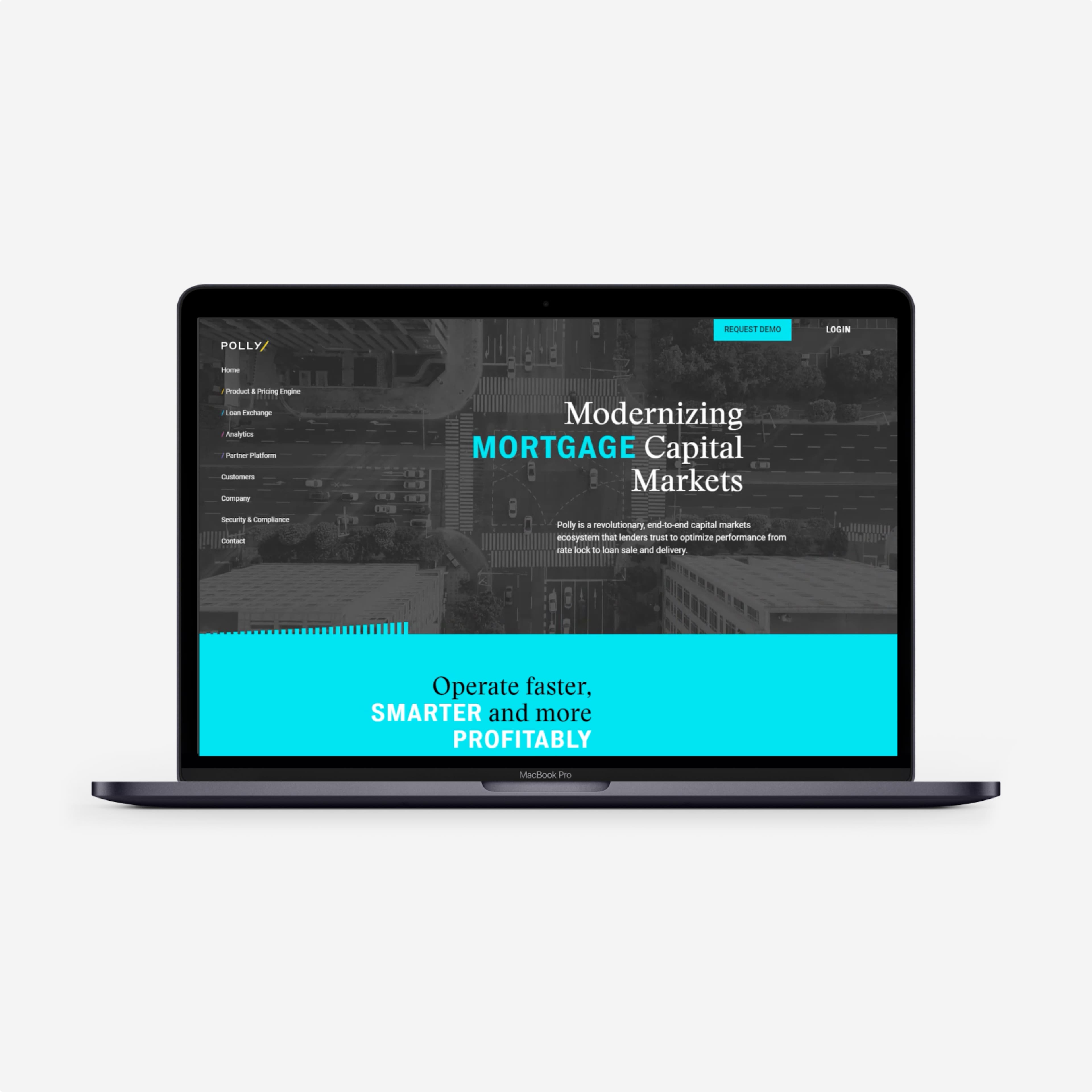Polly website homepage on a MacBook Pro, featuring the headline "Modernizing Mortgage Capital Markets" and a cyan banner reading "Operate faster, Smarter and more Profitably."