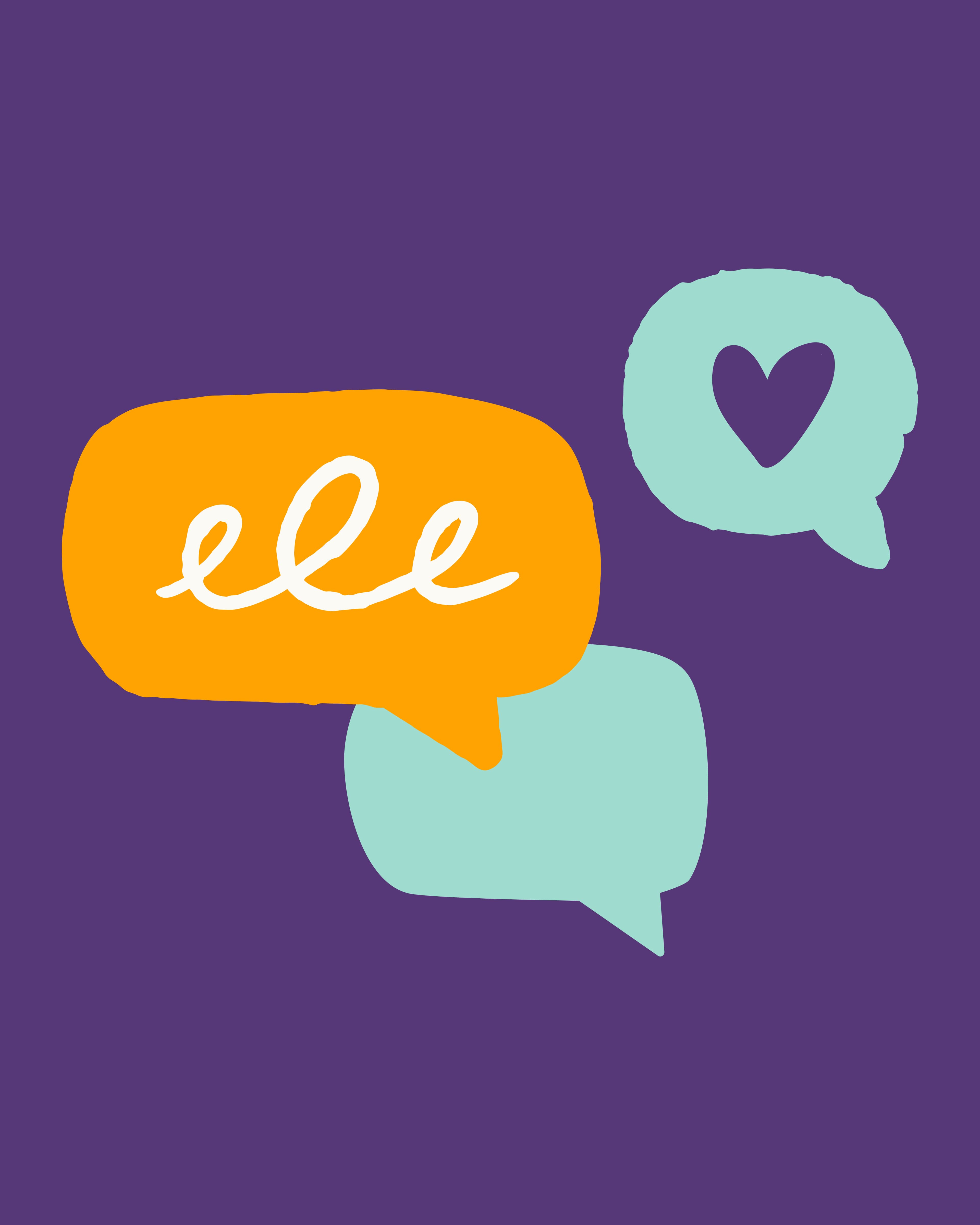 Three speech bubbles on a purple background: an orange bubble with cursive scribble lines, a plain teal bubble, and a smaller teal bubble with a heart icon.