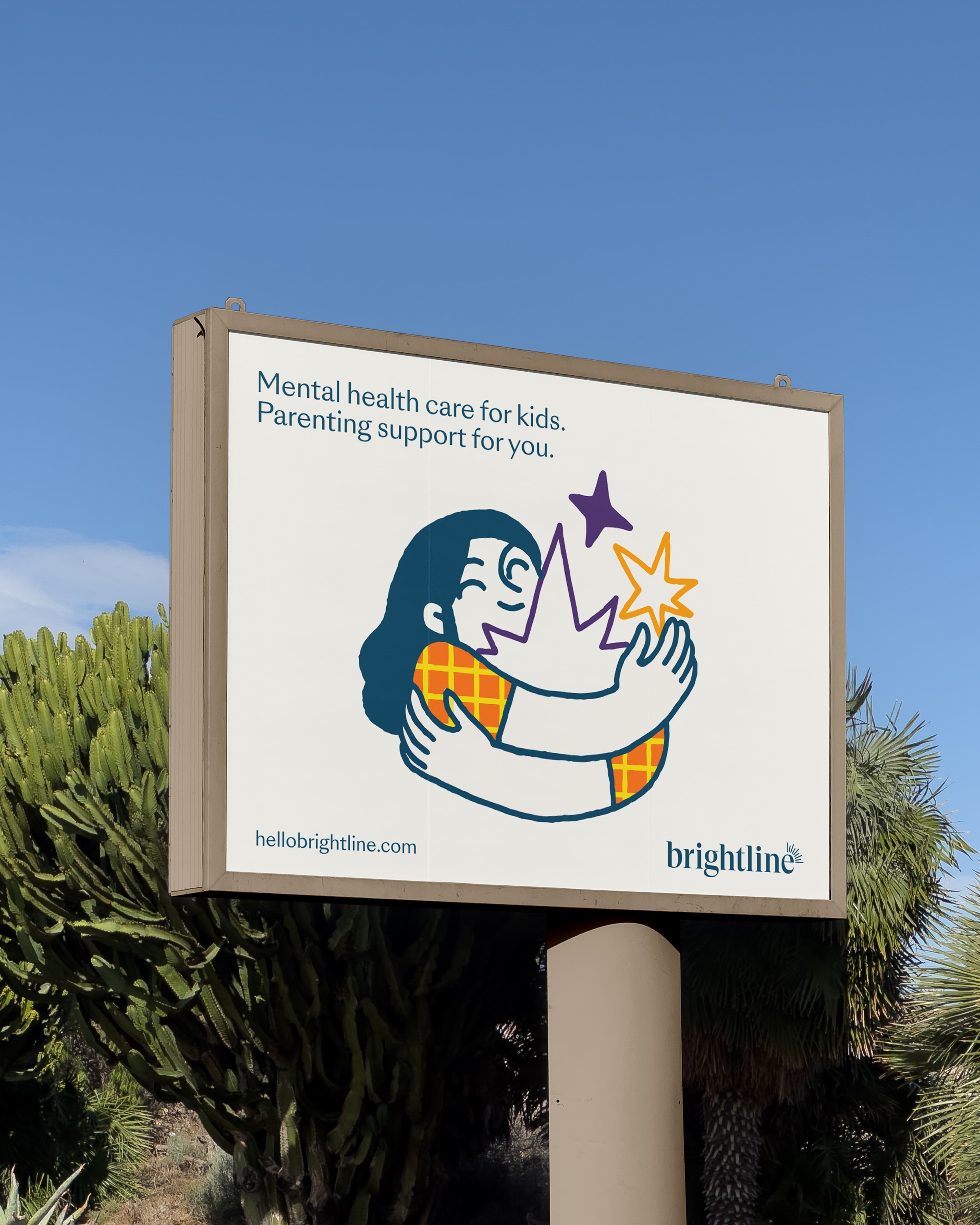 Brightline billboard reading "Mental health care for kids. Parenting support for you." with an illustration of a parent hugging a child represented as a lightning bolt figure, surrounded by stars. Website: hellobrightline.com