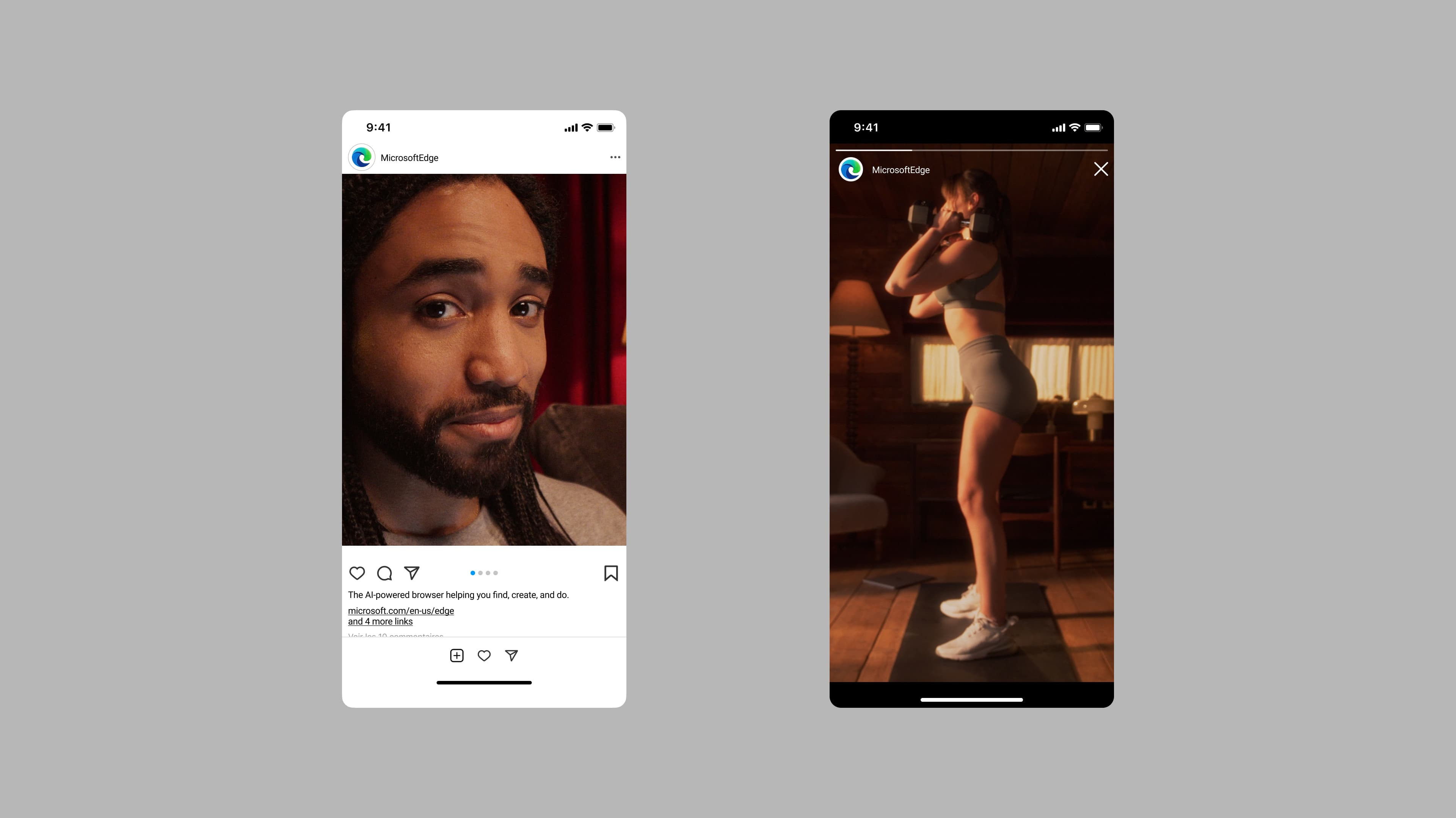Two mobile screens showing Microsoft Edge Instagram posts. Left: close-up of a person with braids. Right: a person in workout clothes doing a boxing stance in a warmly lit room.