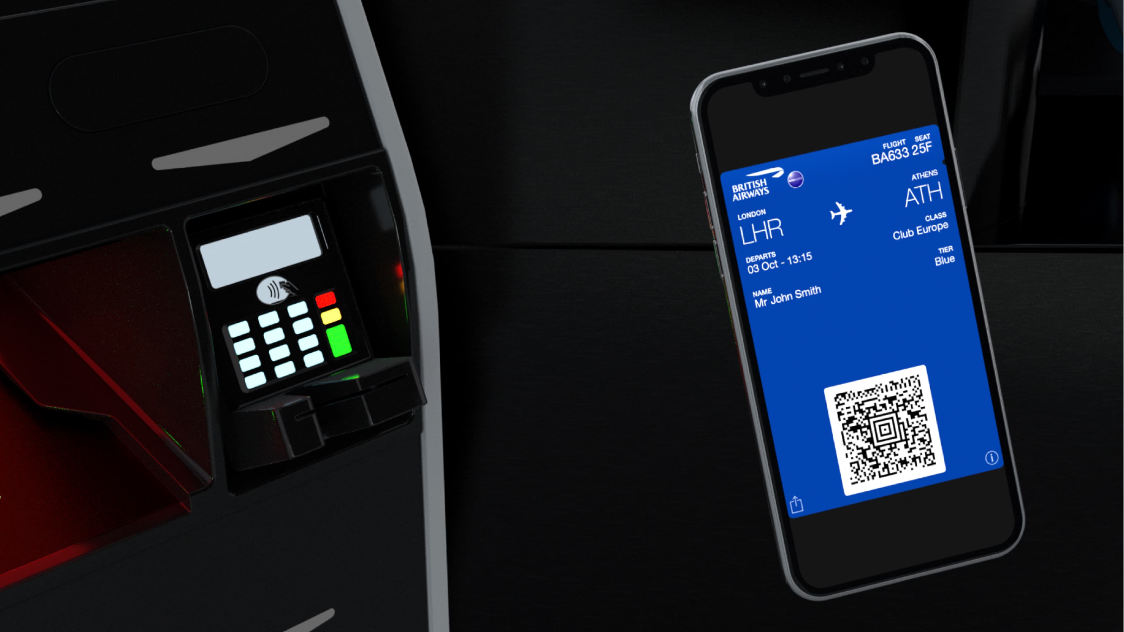 British Airways mobile boarding pass for Mr John Smith, flight BA633 seat 25F, London Heathrow (LHR) to Athens (ATH), departing 03 October at 13:15, Club Europe class, shown on a smartphone next to a contactless payment terminal.