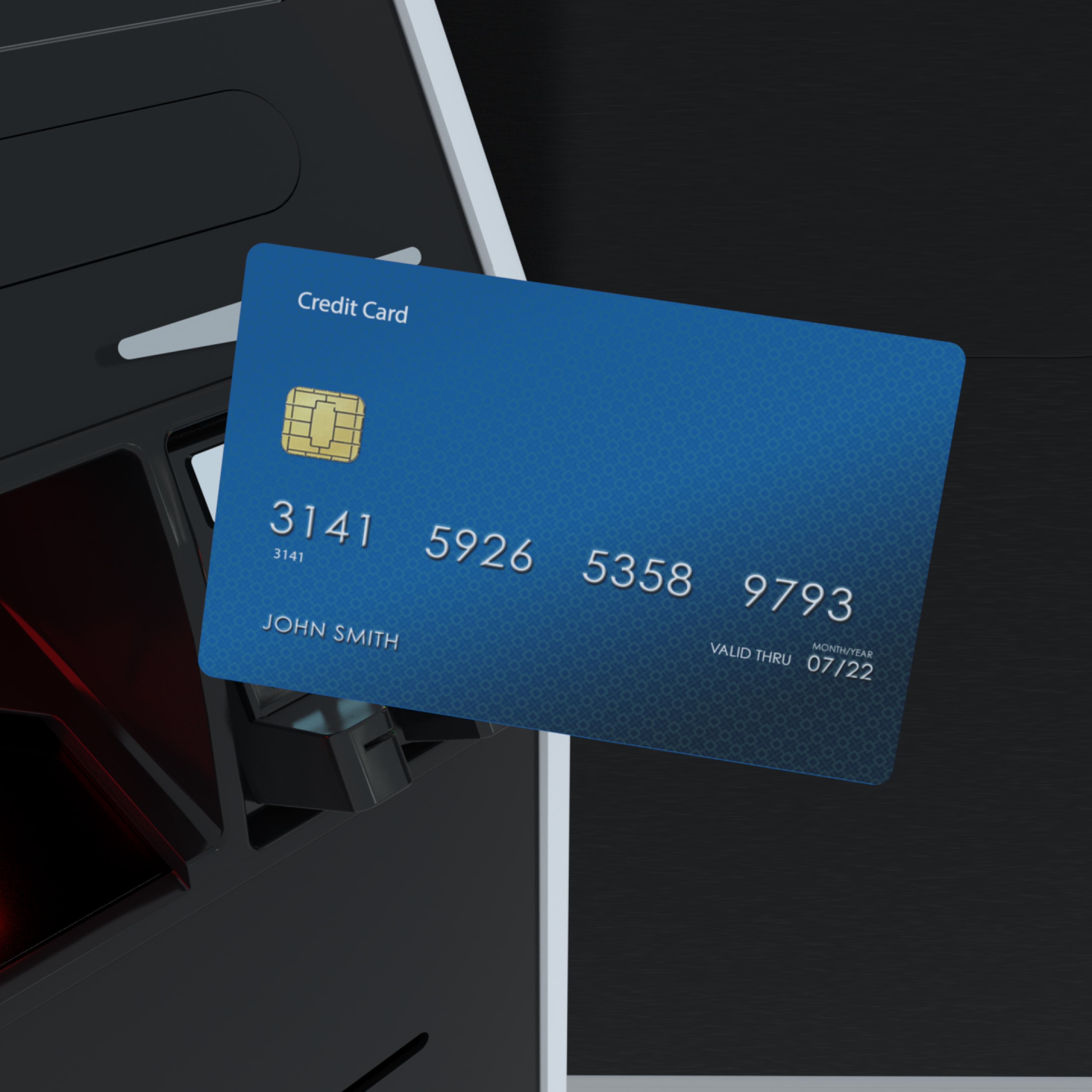 A blue credit card displayed in front of a laptop and card reader, showing a chip, sample card number, the name John Smith, and expiry date 07/22.