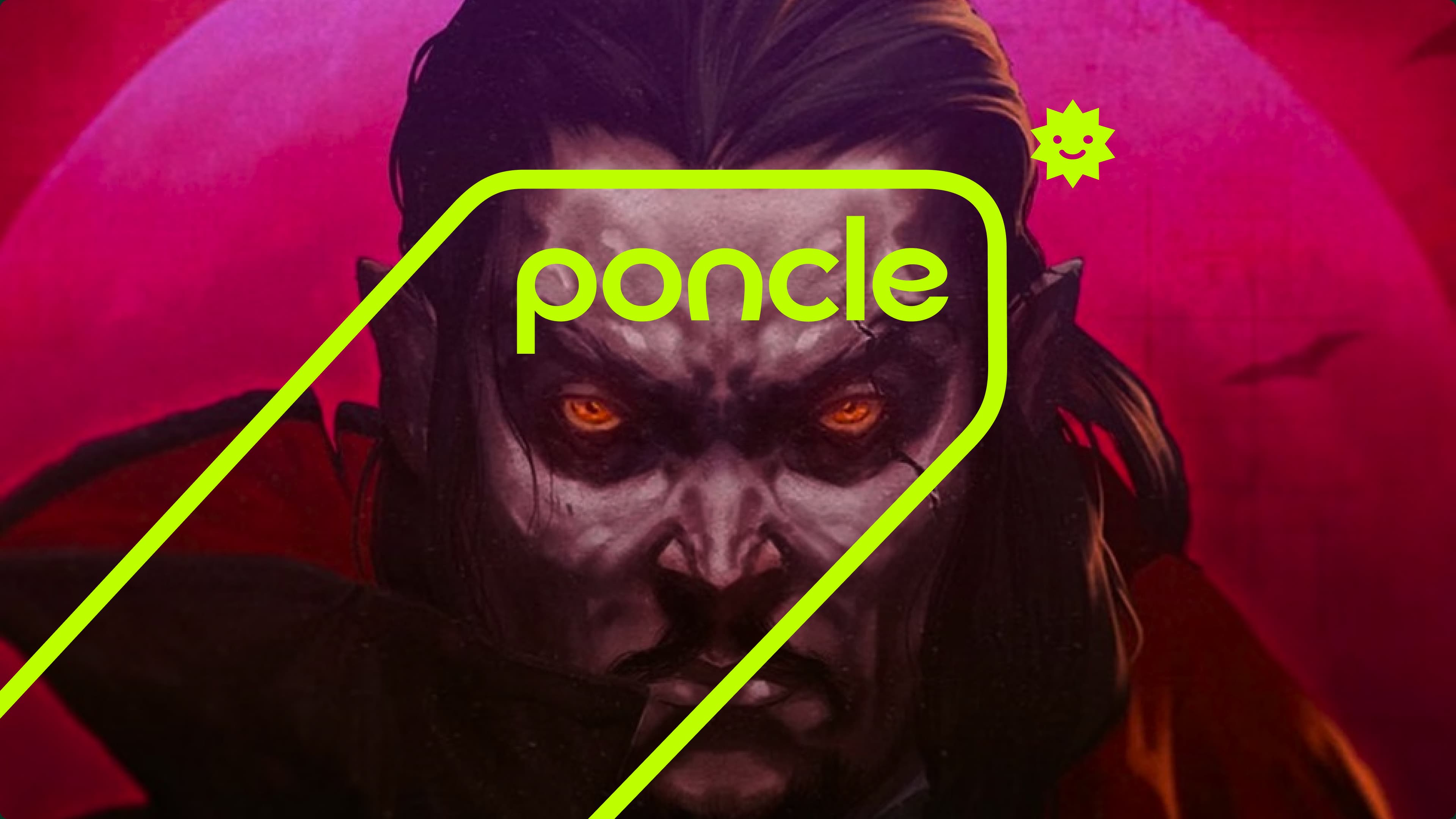 Promotional image for Vampire Survivors featuring a menacing illustrated vampire with glowing orange eyes against a red background, overlaid with the neon green Poncle studio logo.