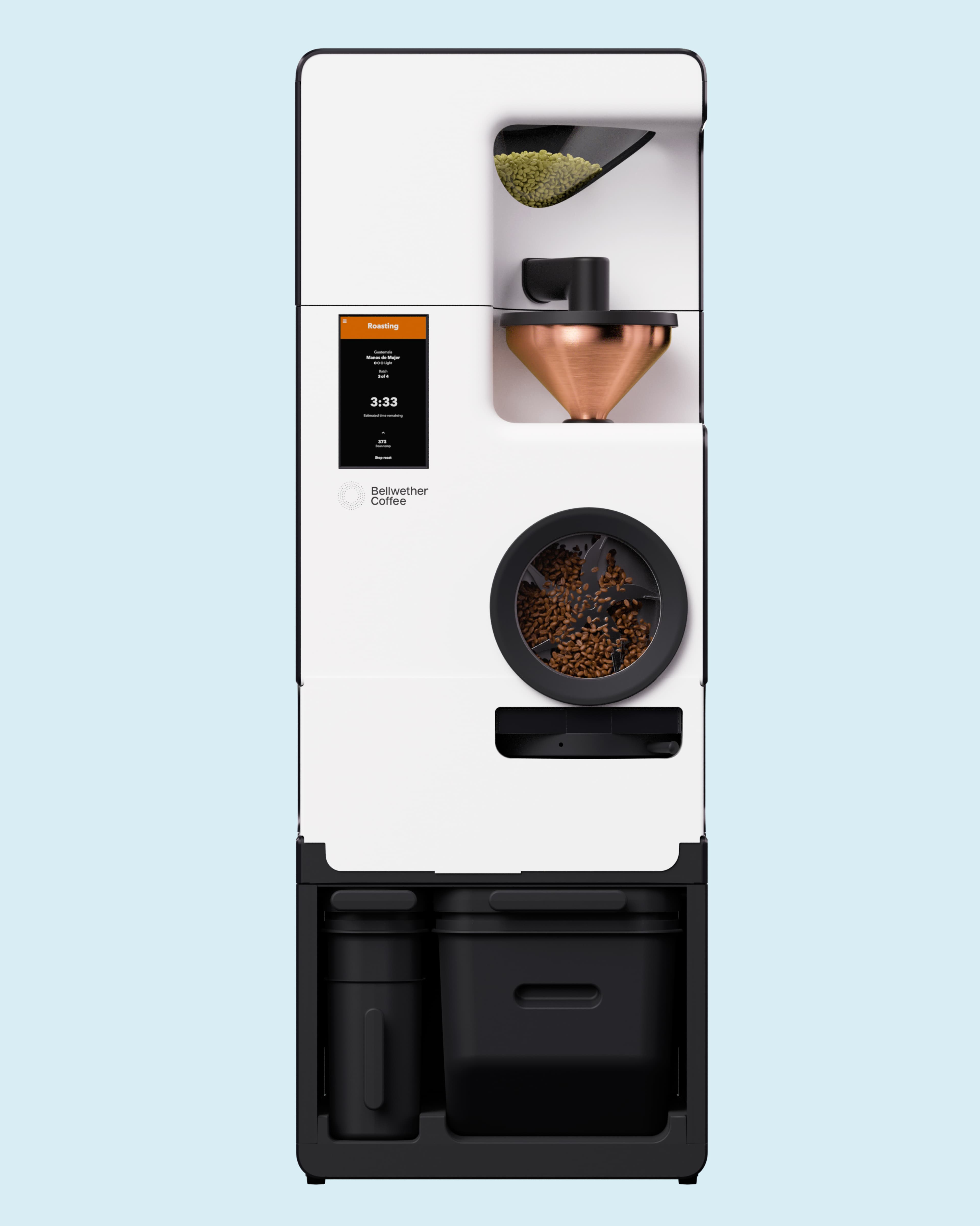 Bellwether Coffee electric coffee roaster showing green beans in the top hopper, a copper cooling funnel, roasted beans in the drum, and a touchscreen display showing an active roast with 3:33 remaining.