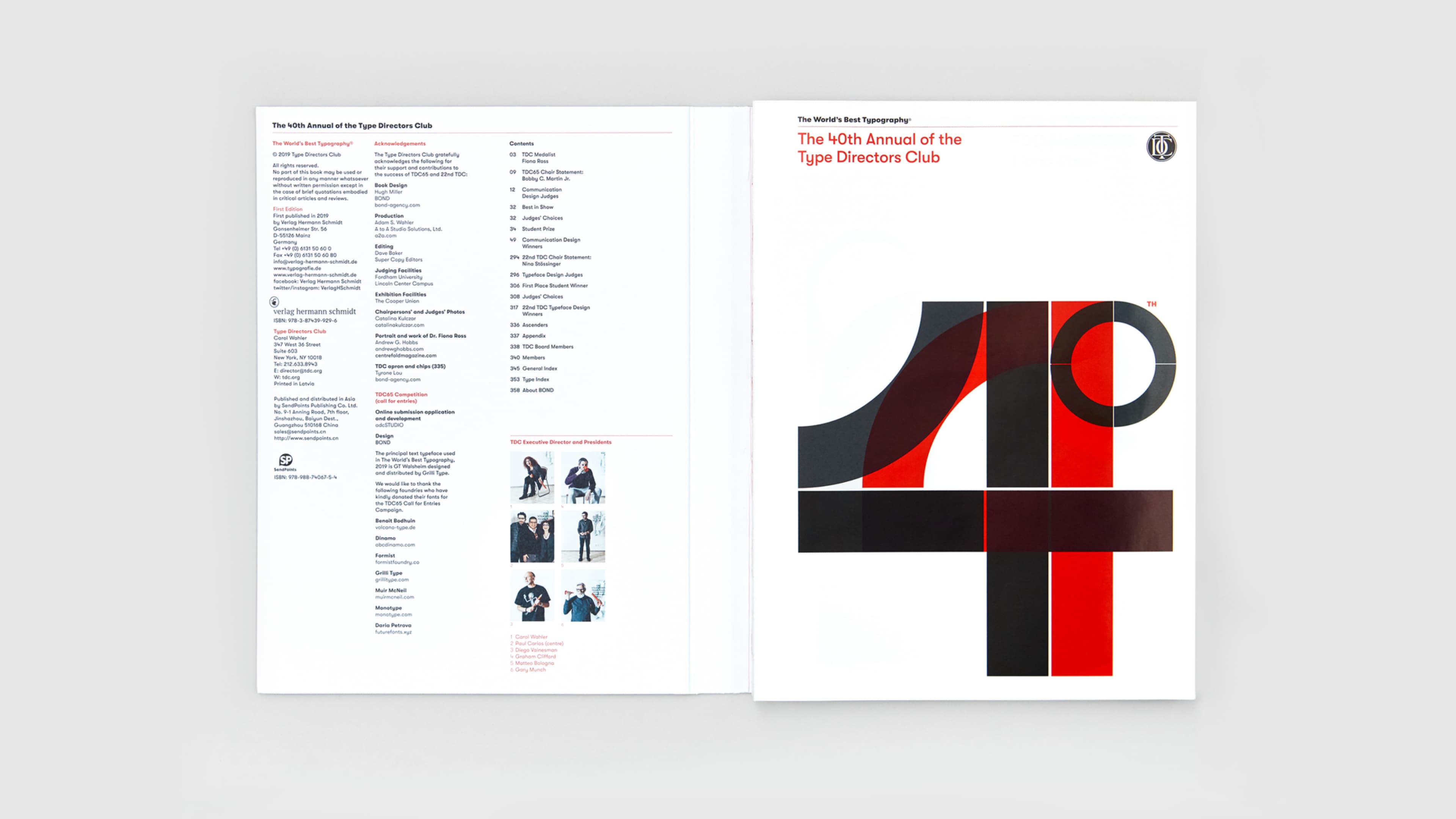 Open book showing the 40th Annual of the Type Directors Club — left page displays credits and table of contents; right page shows the book cover with bold geometric "40" in black and red with the subtitle "The World's Best Typography."