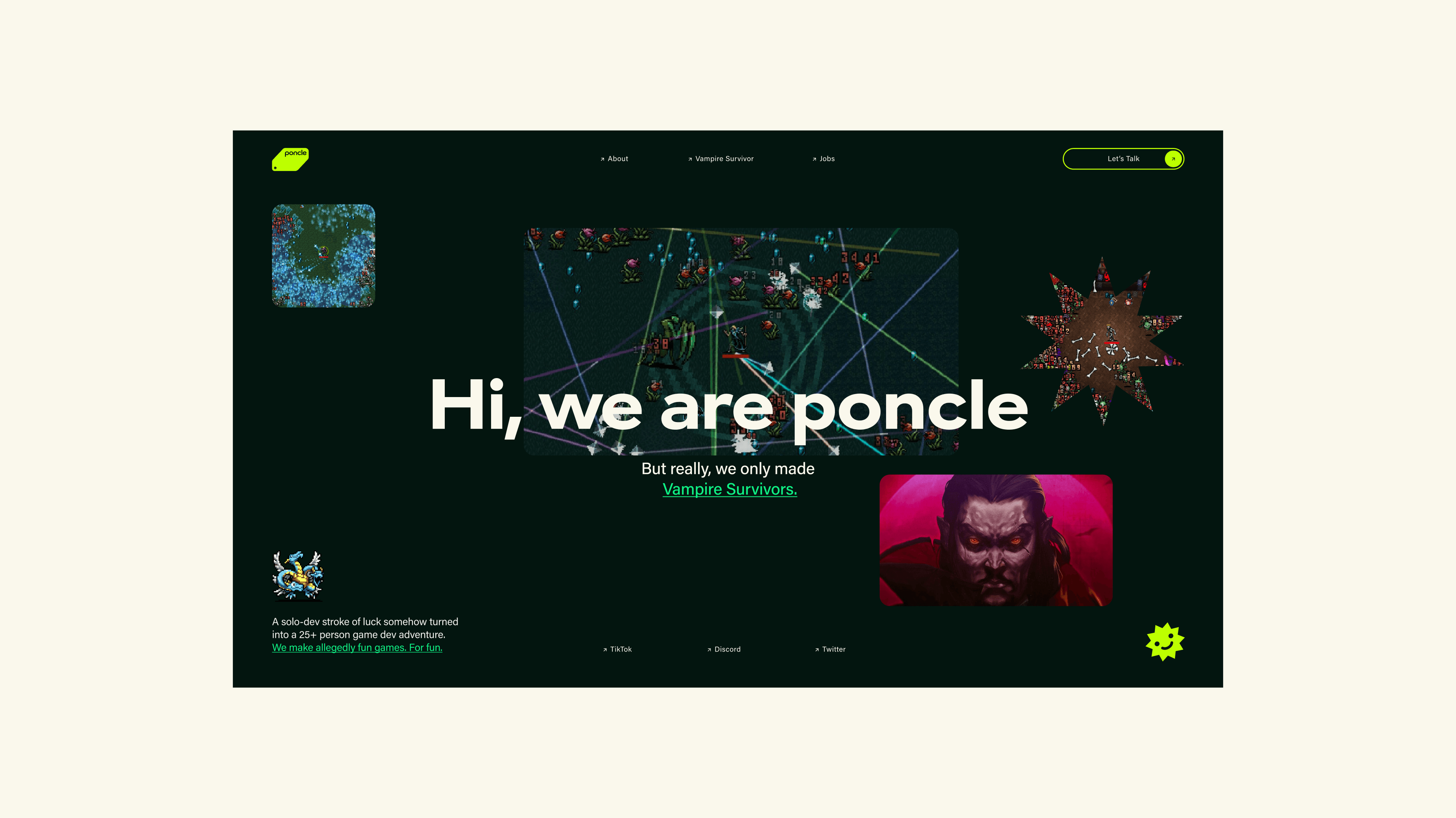 Poncle studio homepage with the headline "Hi, we are poncle — But really, we only made Vampire Survivors," featuring game screenshots, a vampire character portrait, and navigation links to About, Vampire Survivors, and Jobs.