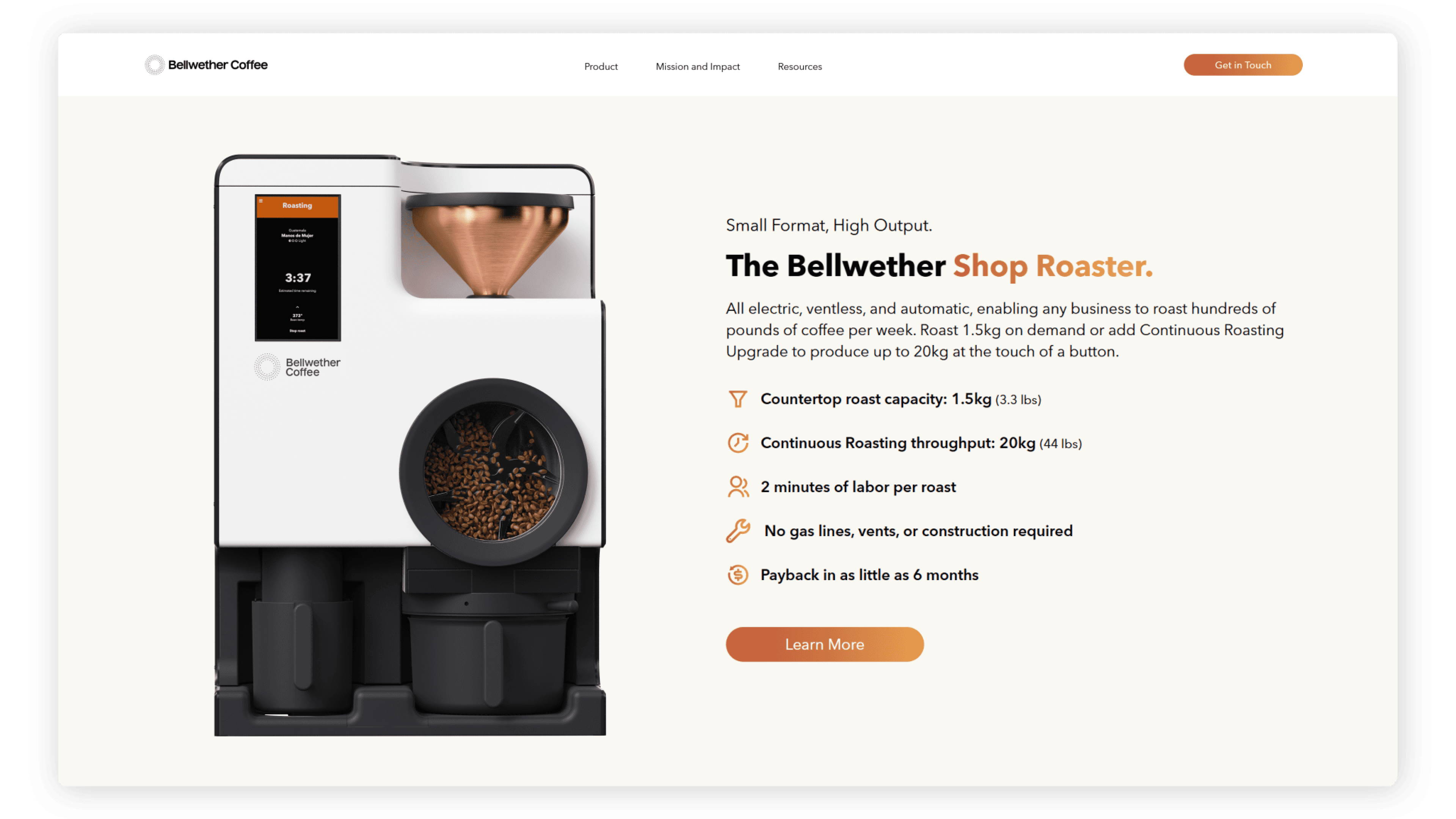 Bellwether Coffee Shop Roaster machine with a copper bean funnel on top, a circular window showing roasting beans, and a touchscreen display showing a roast in progress at 3:37 minutes.