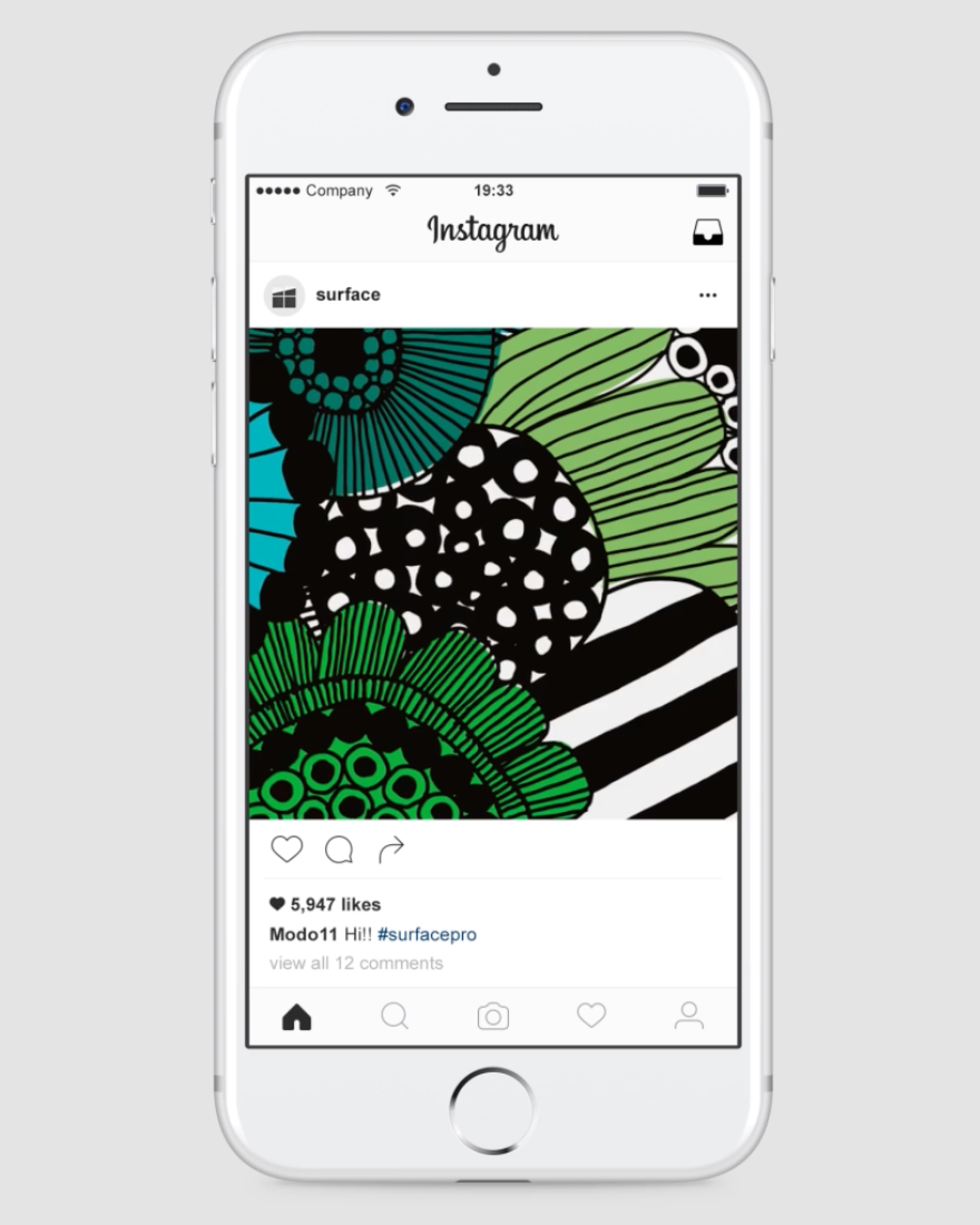 Instagram post by Microsoft Surface featuring a bold Marimekko floral pattern in green, black, teal, and white, shown on an iPhone.