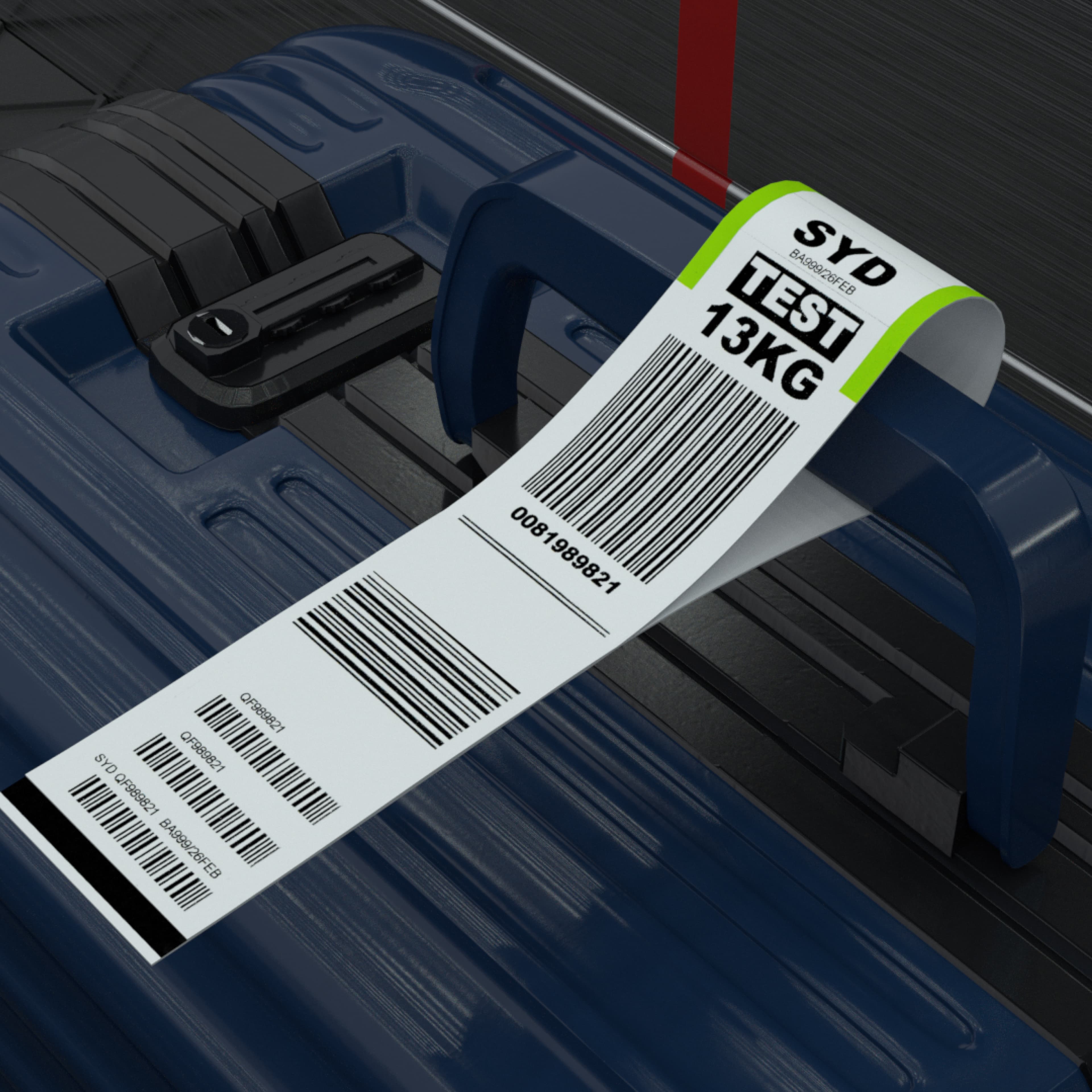 Rendered mock-up of a blue suitcase handle with a baggage tag showing destination SYD, flight BA999 on 26 Feb, weight 13KG, and barcode number 0081989821.