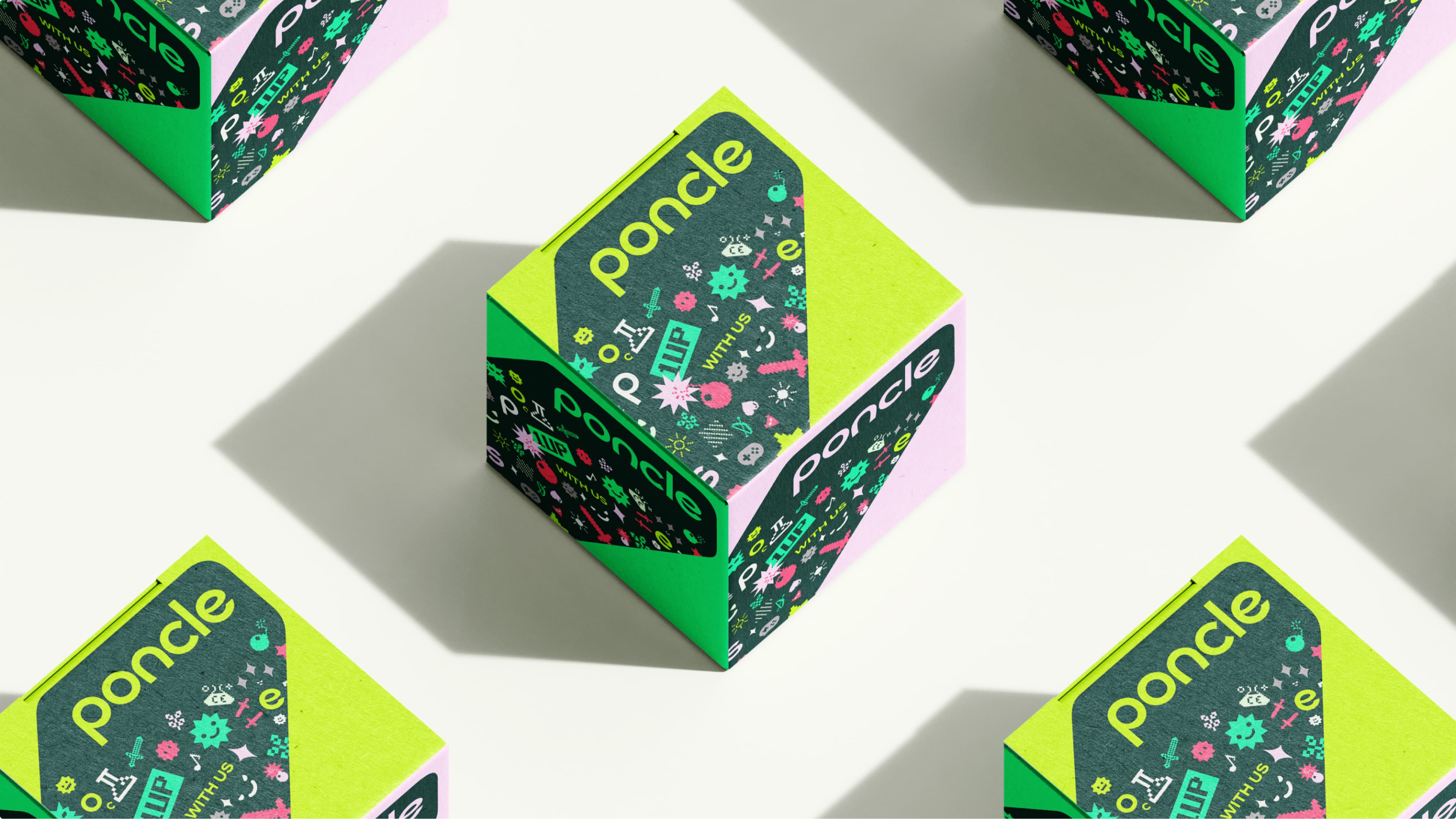 Repeating pattern of cube-shaped "Poncle" branded boxes with a diagonal yellow-green flap, dark teal panels covered in colorful gaming icons (sword, skull, 1UP, gears), and bright green edges, arranged on a light surface with shadows.